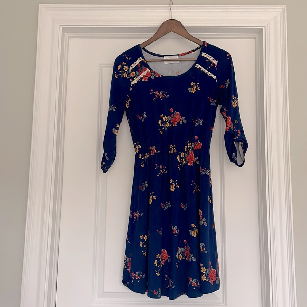 Blue Floral Crochet Detail Dress